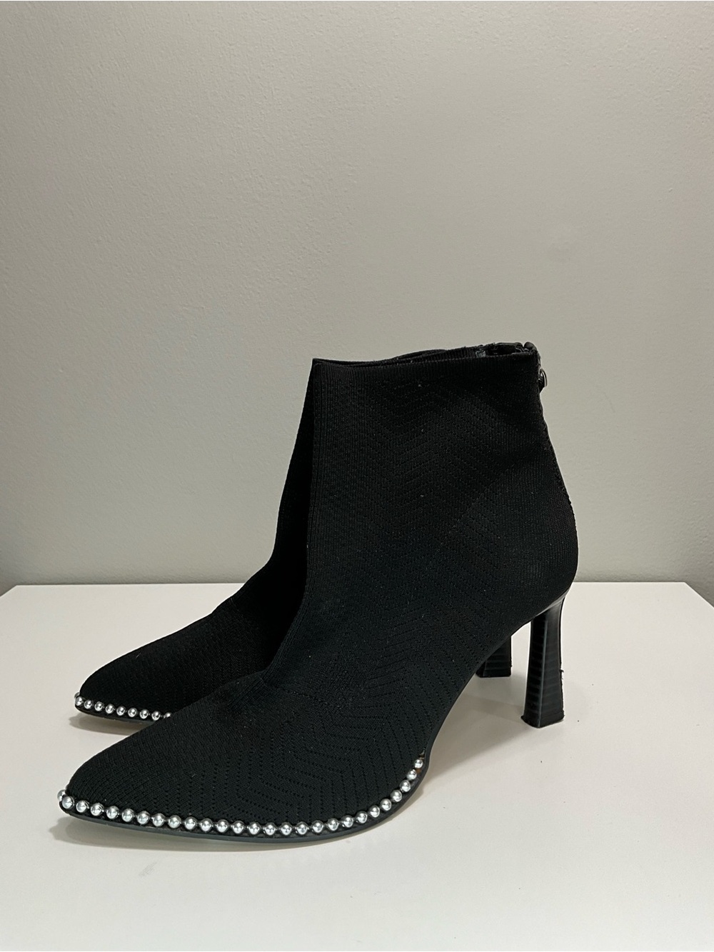 BCBGENERATION Black Sock Booties Silver Bead Trim Pointed Toe Boots 8.5